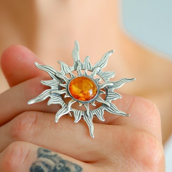 Baltic Amber Sun Ring in 925 Sterling Silver- Adjustable Size - Picture 6 of 9